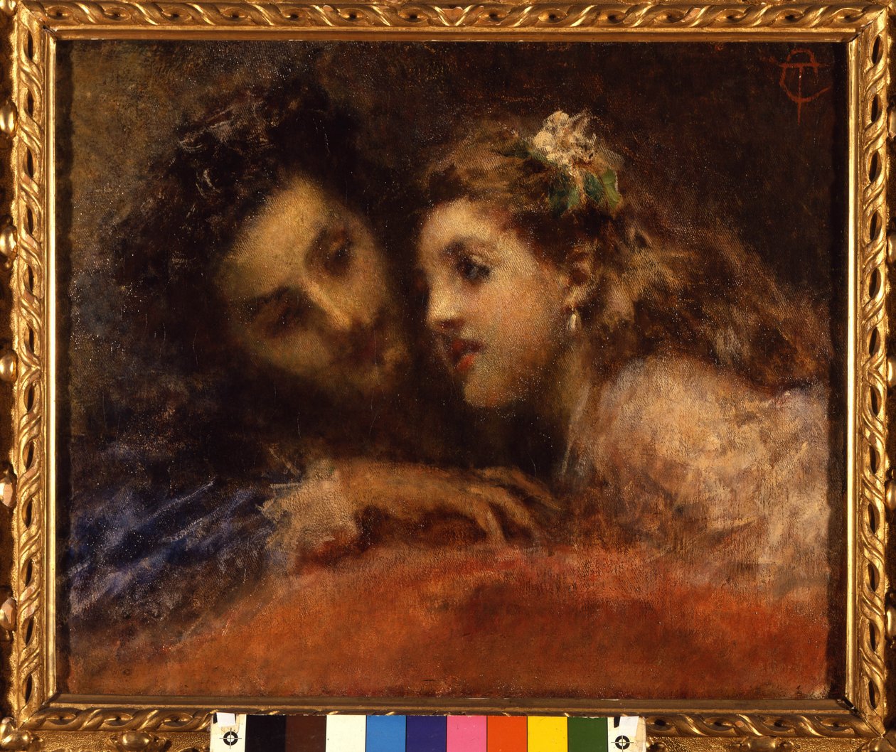 Attrazione (attraktion), en man lutar sig mot ett barn på ett medbrottsligt och lugnande sätt. Han är förmodligen en far och hans dotter (mun till mun). Målning av Tranquillo Cremona (1837-1878) Galleria d