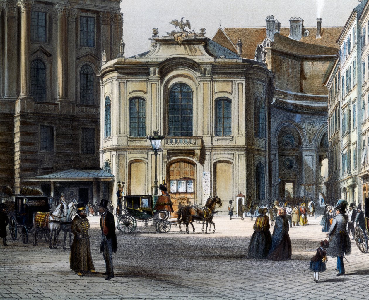 Burgtheater i Wien Michaelerplatz med Winterreitschule (vinterridskola) till höger, av Tranquillo Mollo (1767-1837), färgstick, Österrike av Tranquillo Mollo