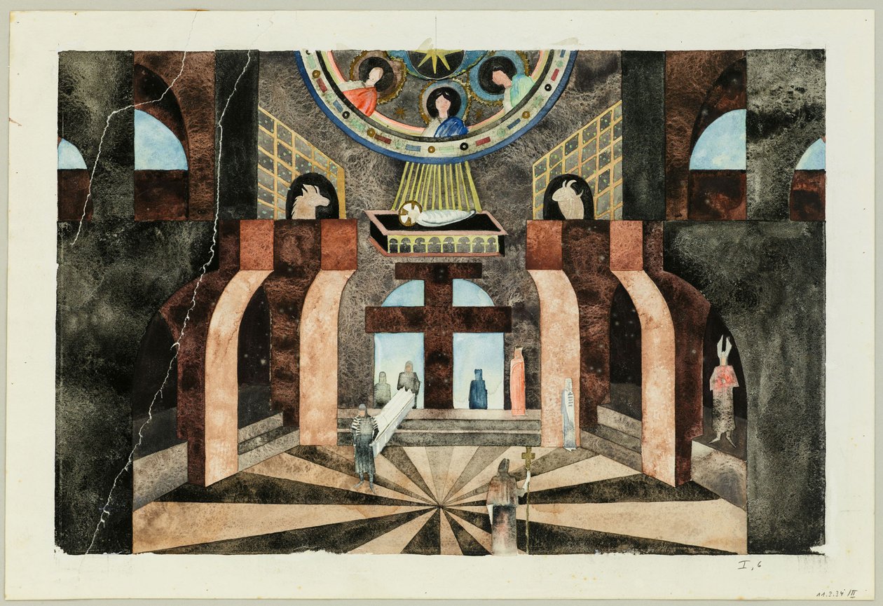 Scenografi för Tragedin Die Nibelungen av Friedrich Hebbel, ca 1934. av Traugott Müller