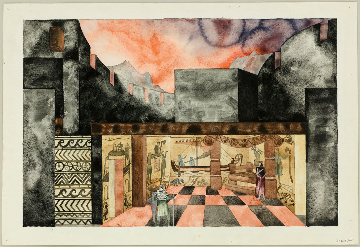 Scenografi för Tragedin Die Nibelungen av Friedrich Hebbel, ca 1934. av Traugott Müller