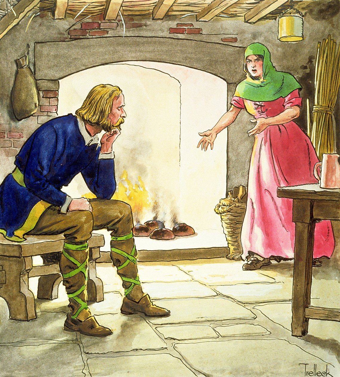 Kung Alfred (849-99) som bränner kakorna, från "Peeps into the Past", publicerad ca 1900 av Trelleek