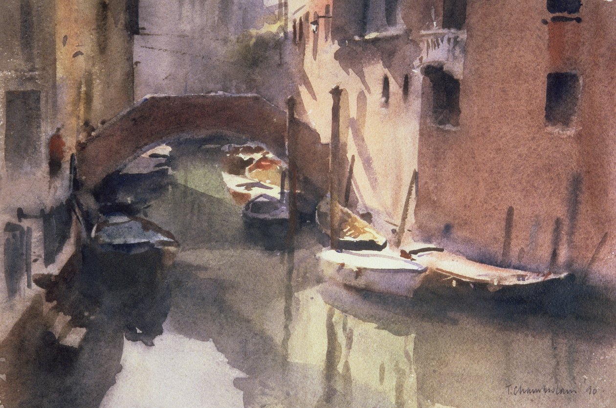 En tyst kanal i Venedig, 1990 (wc på papper) av Trevor Chamberlain