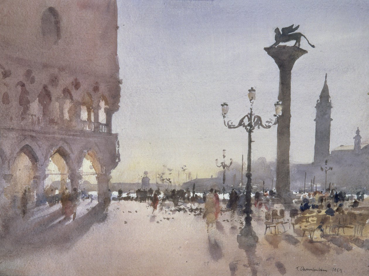 Early Morning, Piazzetta, Venedig, 1989 (wc på papper) av Trevor Chamberlain