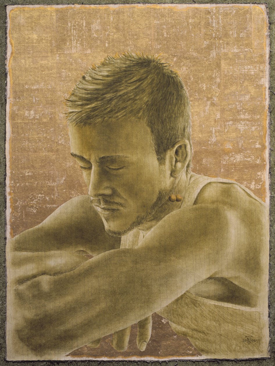 Beckham (f.1975) (olja och bladguld på sprucken gesso på duk ombord) av Trevor Neal