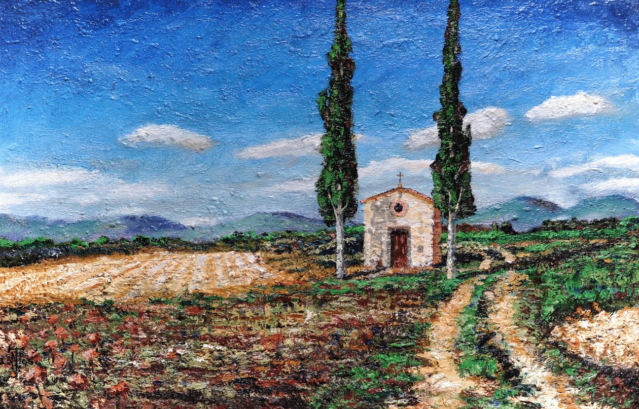 Kapell och två träd, Toscana, 2005 av Trevor Neal