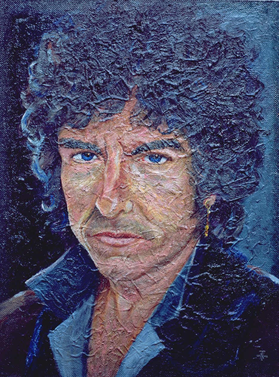 Dylan (f.1941) (olja akryl på alabastin på hessian lagd skiva) av Trevor Neal