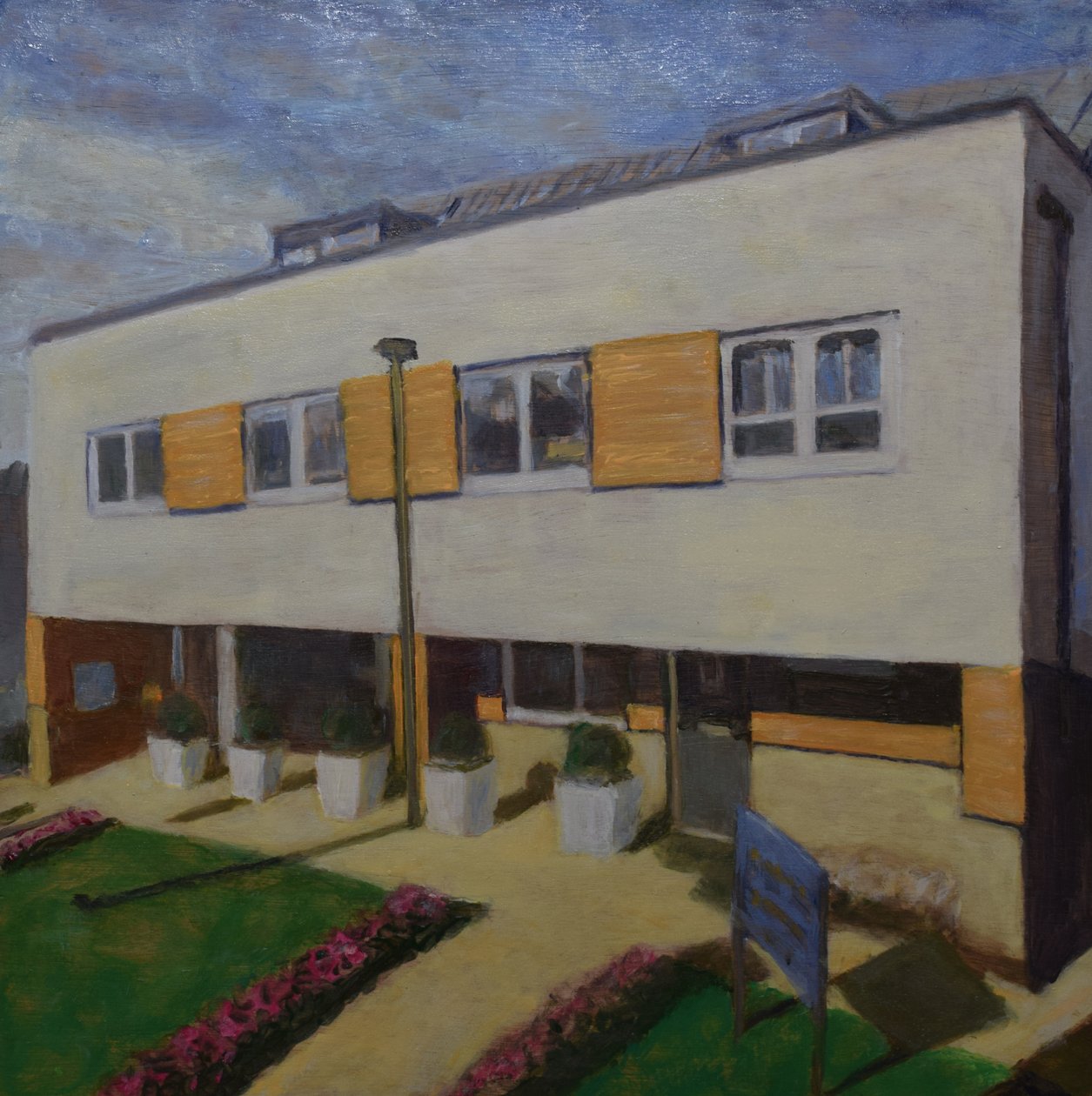 En plats att bo på 64, 2018 (olja på plywood) av Trevor Burgess