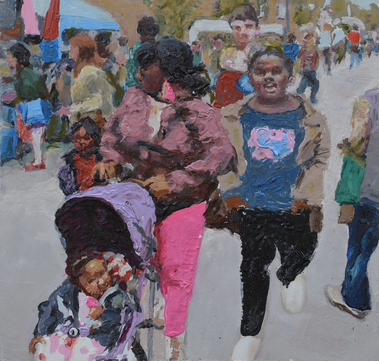 Familjeshopping (Deptford, London), 2018 (olja på pannå) av Trevor Burgess