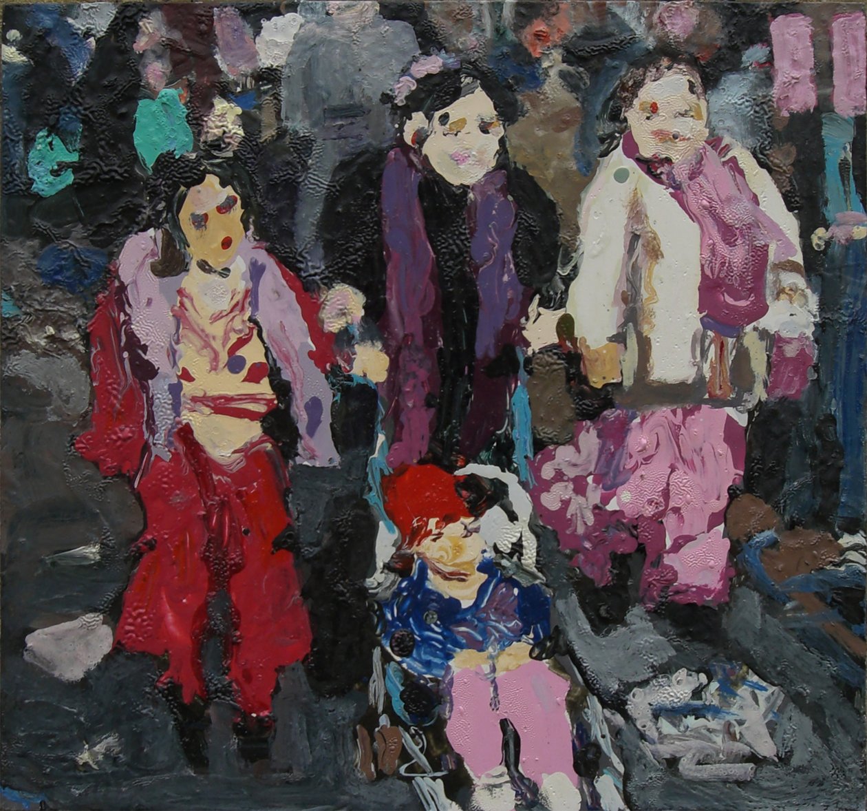 Familj som handlar, 2004 (olja på pannå) av Trevor Burgess