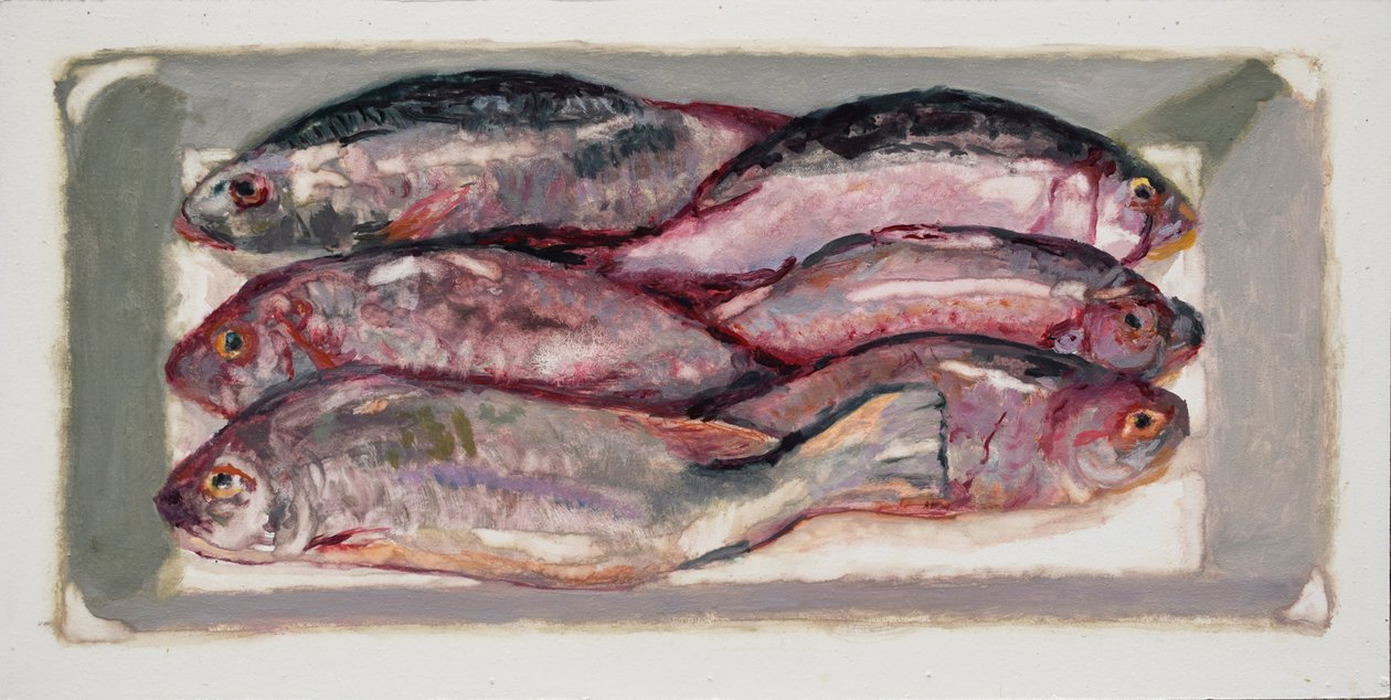Fisklåda 1 (Billingsgate, London), 2016 (olja på pannå) av Trevor Burgess