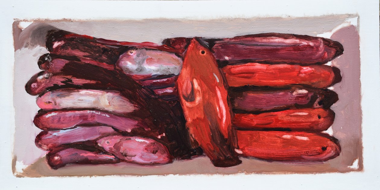 Fisklåda 2 (Billingsgate, London), 2016 (olja på pannå) av Trevor Burgess