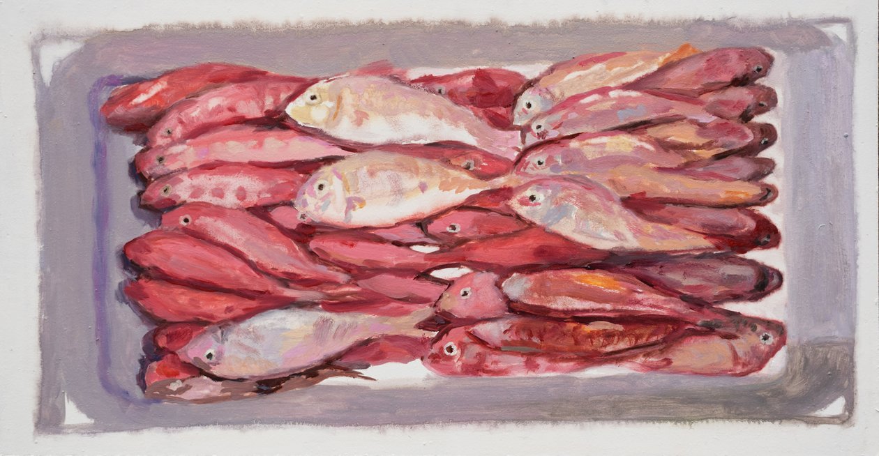 Fisklåda 4 (Billingsgate, London), 2016 (olja på pannå) av Trevor Burgess