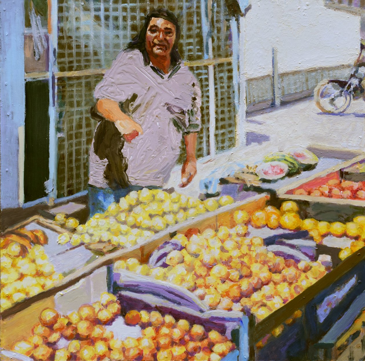 Fruktförsäljare (San Juan, Argentina), 2016 (olja på pannå) av Trevor Burgess
