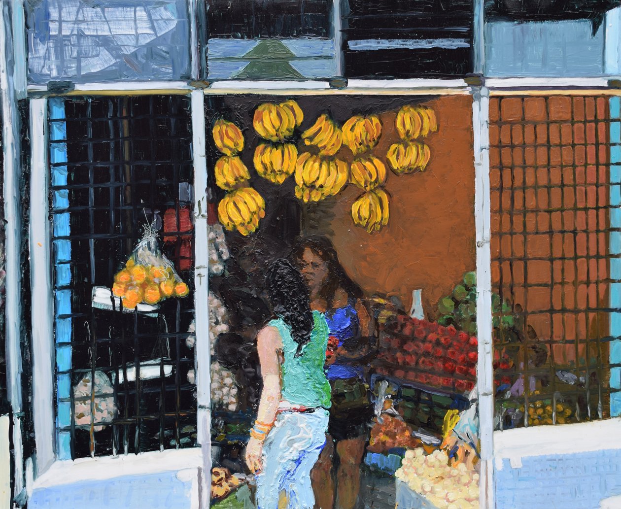 Fruktstånd (San José, Costa Rica), 2016 (olja på pannå) av Trevor Burgess