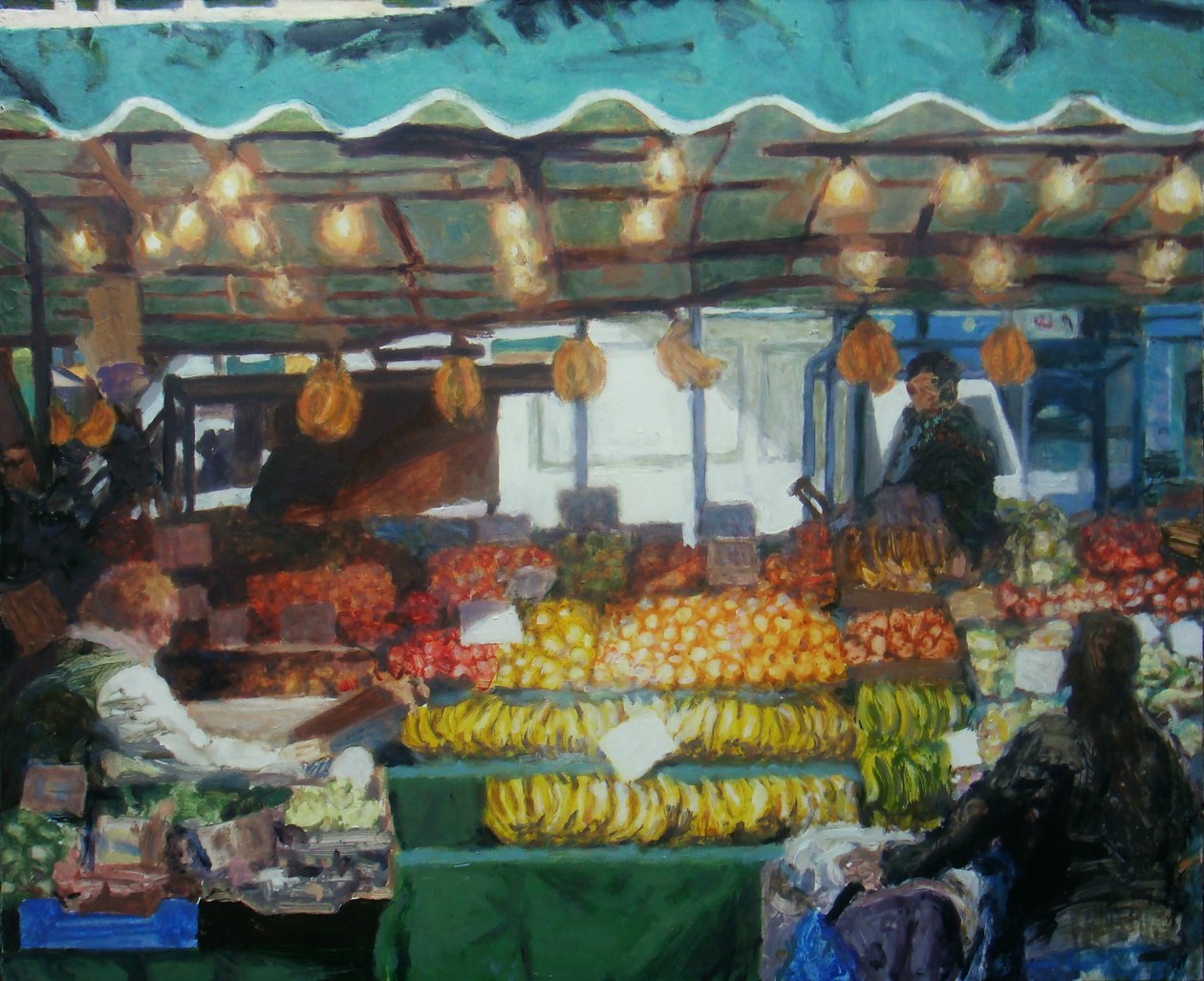 Stort marknadsstånd (Lewisham, London), 2011 (olja på pannå) av Trevor Burgess
