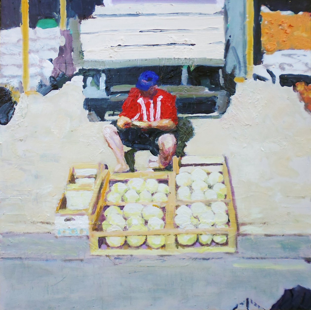 Man som säljer meloner (San Juan, Argentina), 2014 (olja på pannå) av Trevor Burgess