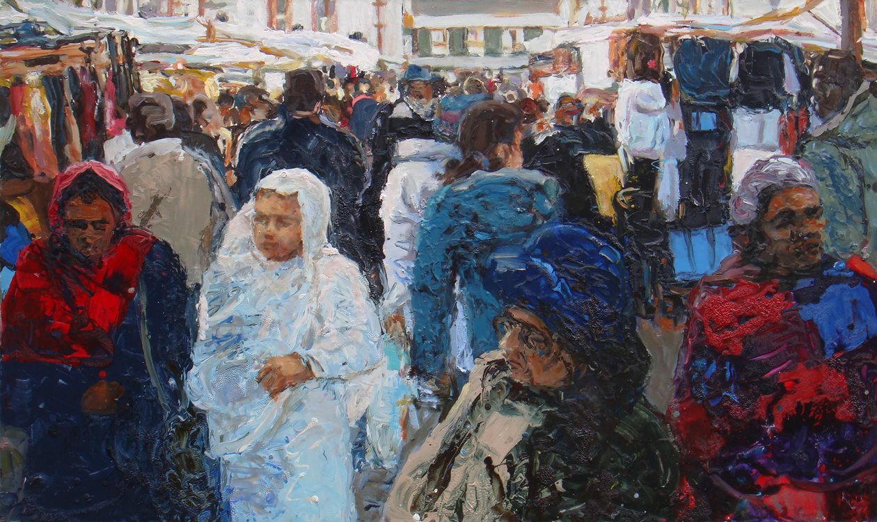 Marknadsköpare (Ridley Road, London), 2011 (olja på duk) av Trevor Burgess