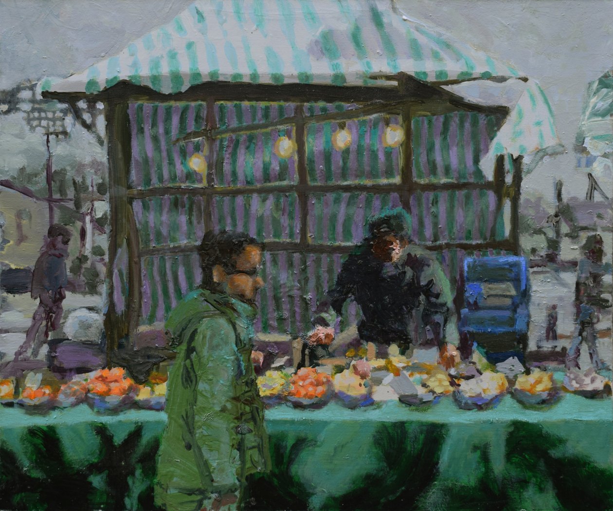 Marknadsstånd (Deptford), 2015 (olja på duk) av Trevor Burgess