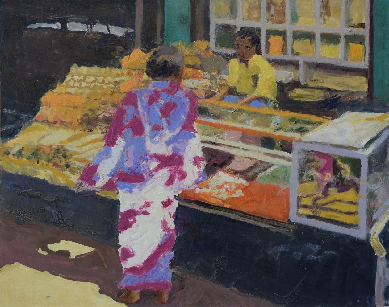 Marknadsstånd (Mumbai), 2016 (olja på duk) av Trevor Burgess
