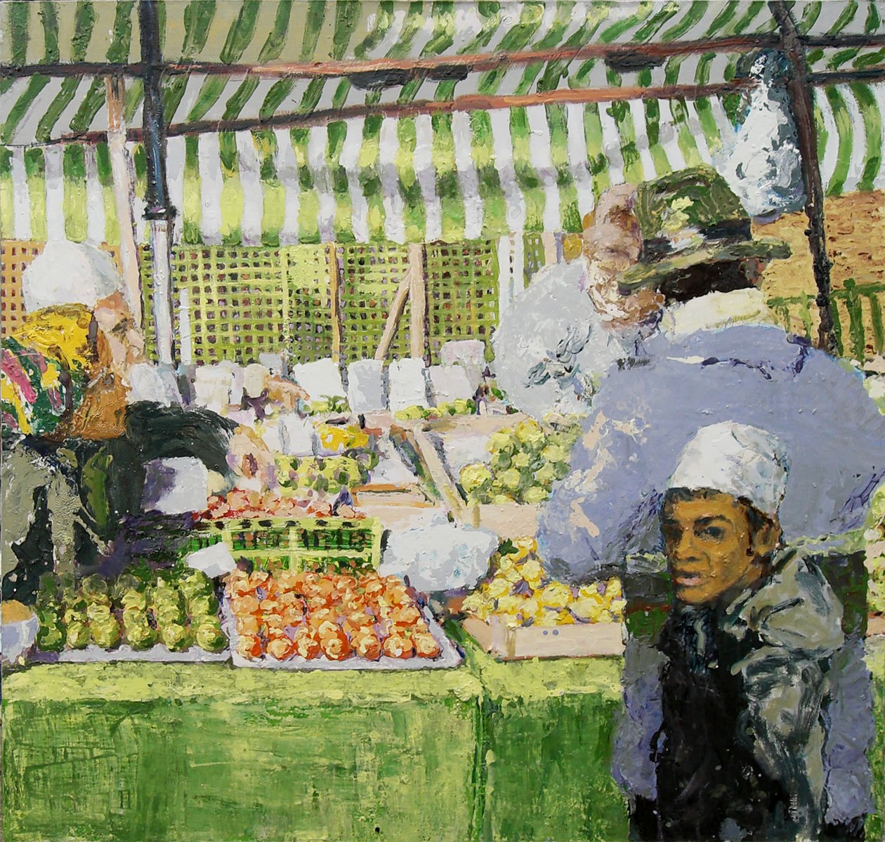 Marknadsstånd (Ridley Road, London), 2003 (olja på duk) av Trevor Burgess