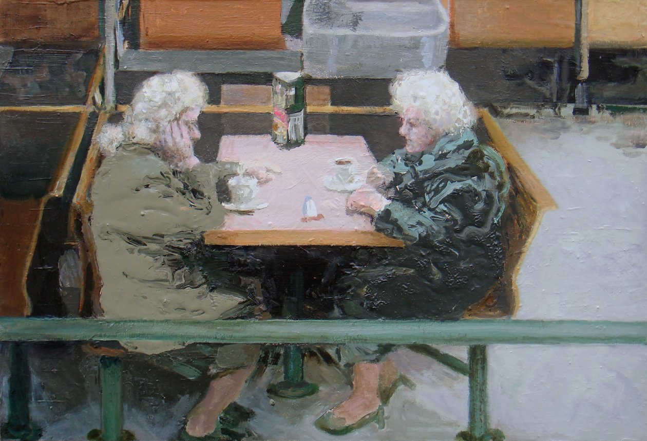 Over a cuppa, 2010 (olja på pannå) av Trevor Burgess