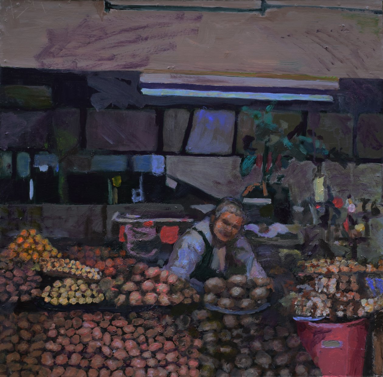 Potatisstånd (Quito, Ecuador), 2015 (olja på pannå) av Trevor Burgess