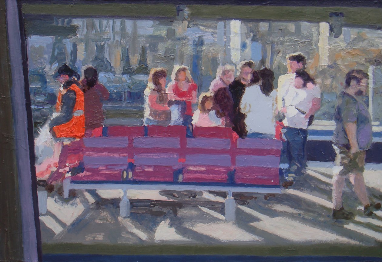 Sett genom tågfönstret, 2010 (olja på pannå) av Trevor Burgess