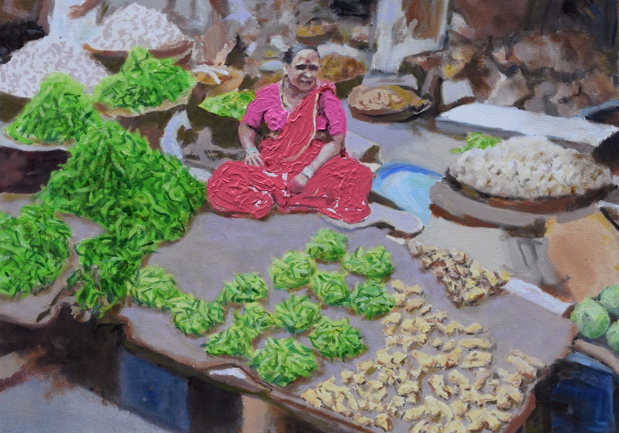 Säljer chilifrukter och ingefära (Thane, Mumbai), 2016 (olja på duk) av Trevor Burgess