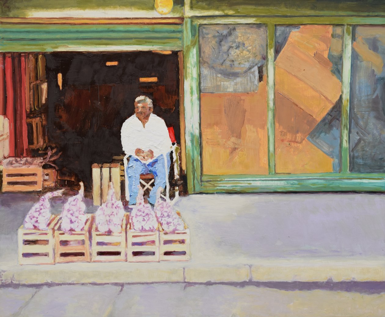 Selling garlic (San Juan, Argentina), 2016 (olja på pannå) av Trevor Burgess