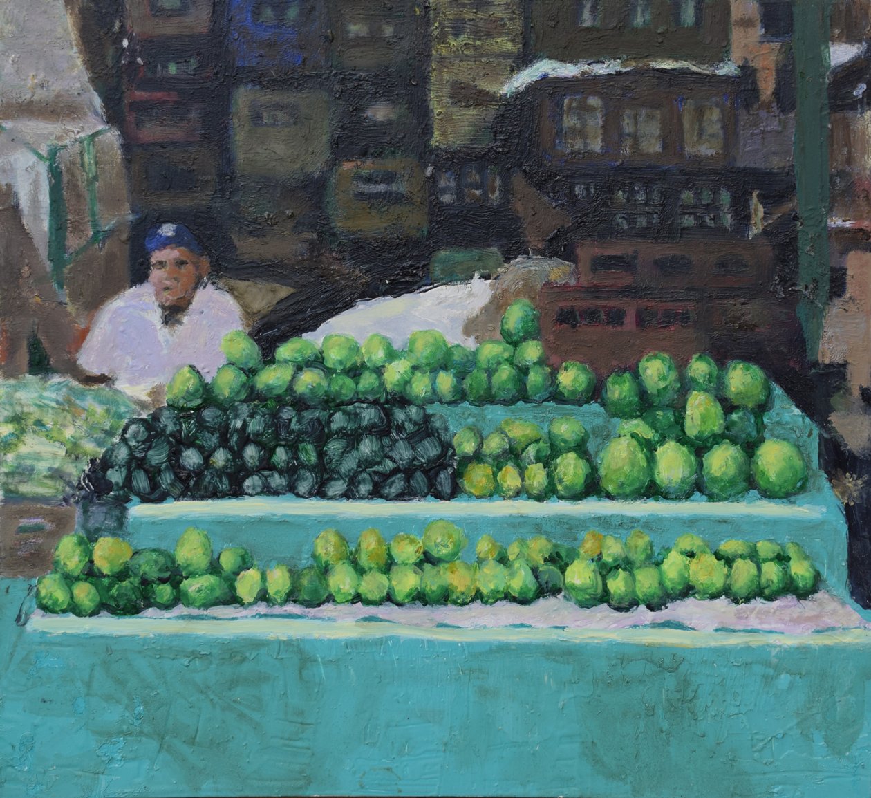 Säljer mango och avokado (Bogotá, Colombia), 2016 (olja på pannå) av Trevor Burgess