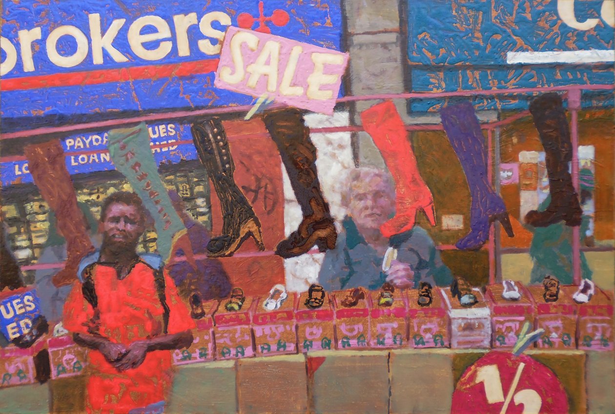 Shoe stall (Deptford, London), 2013 (olja på pannå) av Trevor Burgess