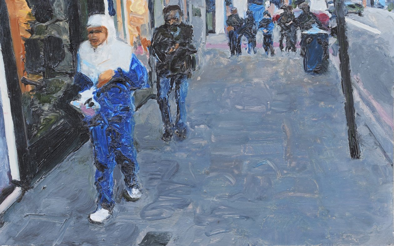 Gatuscen (Deptford, London), 2018 (olja på kartong) av Trevor Burgess
