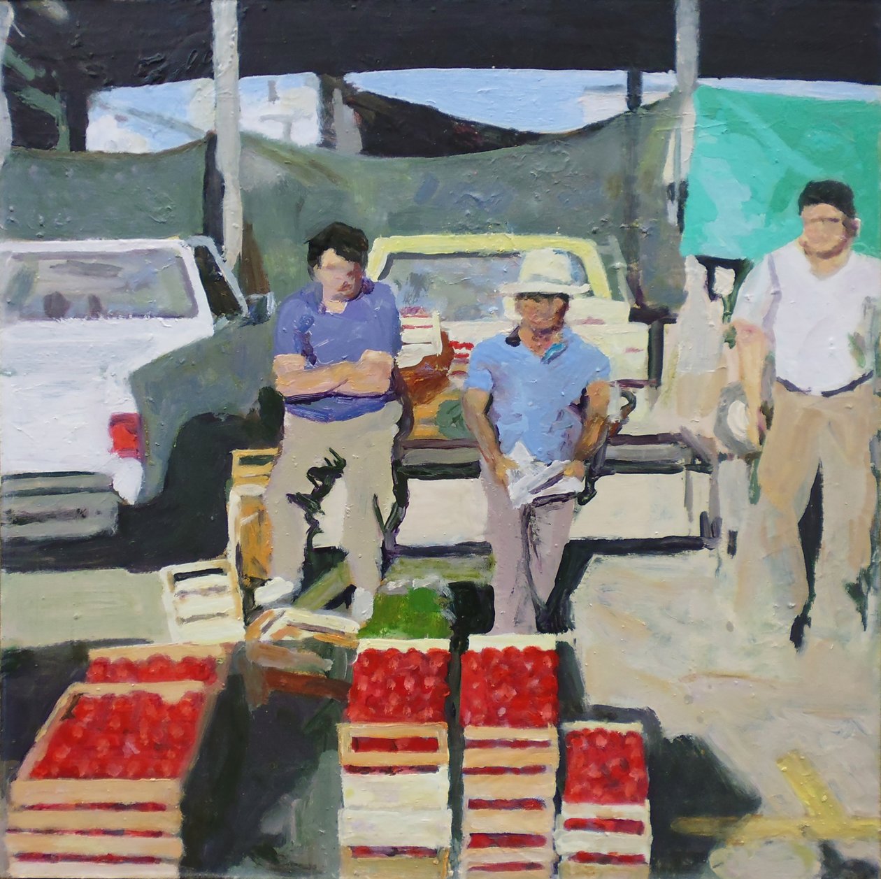 Tre män som säljer tomater (San Juan, Argentina), 2014 (olja på pannå) av Trevor Burgess