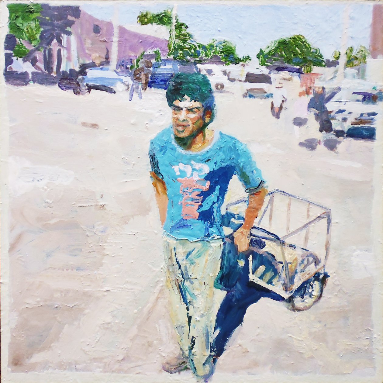 Trolley man (San Juan, Argentina), 2014 (olja på pannå) av Trevor Burgess