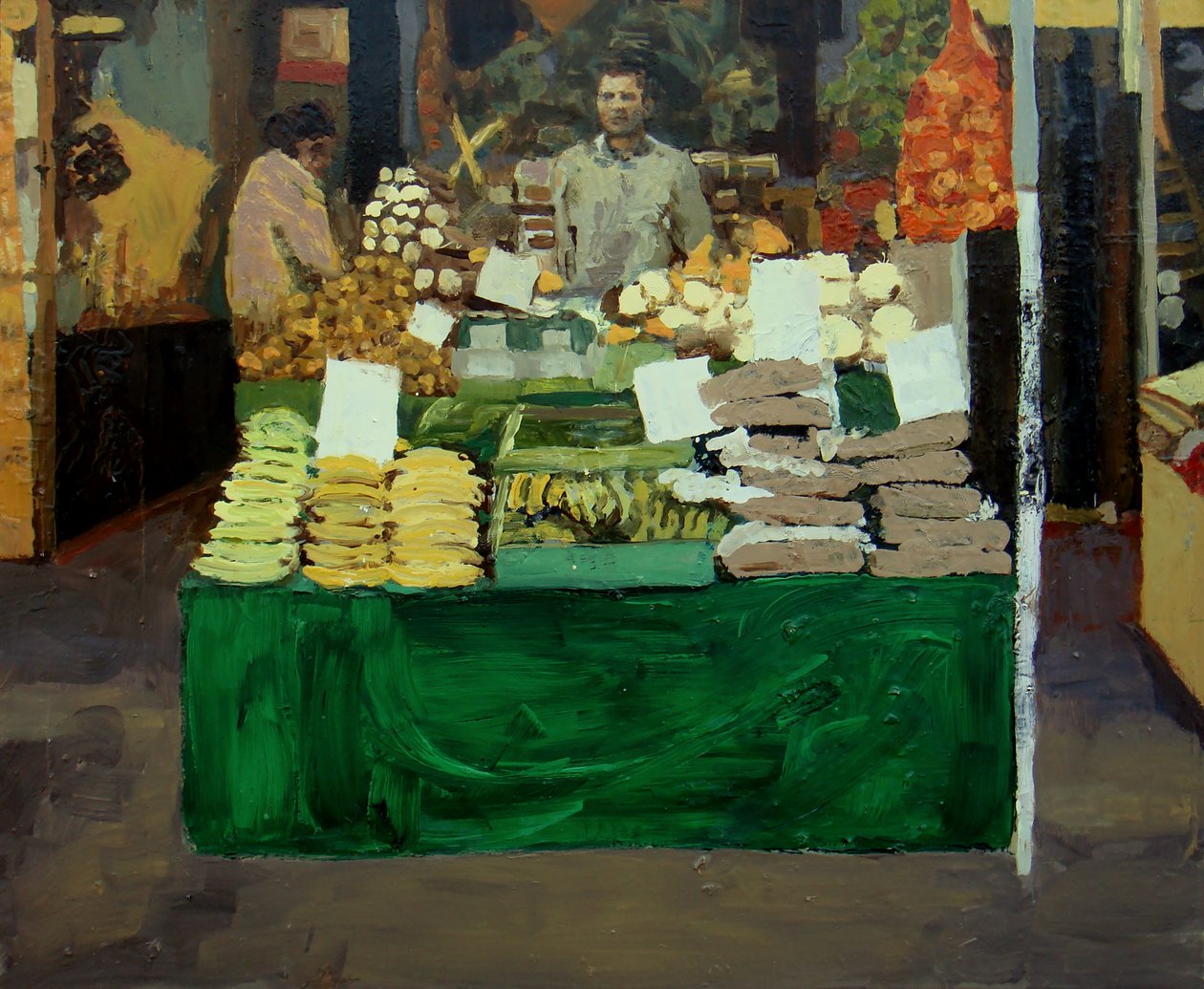 Grönsaksstånd (Deptford, London), 2009 (olja på pannå) av Trevor Burgess
