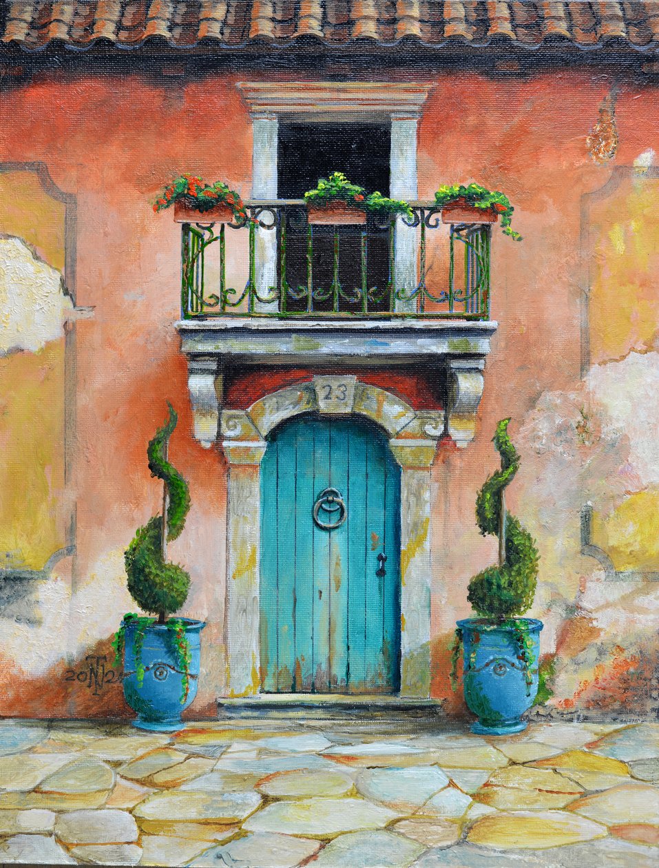 Anduze Planters, Aix-en-Provence, Frankrike, 2024 (olja på pannå) av Trevor Neal