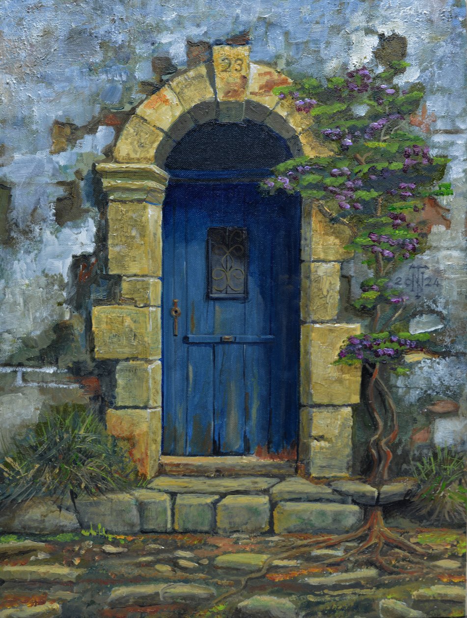 Blue Door, Paxos, Grekland, 2024 (olja på pannå) av Trevor Neal