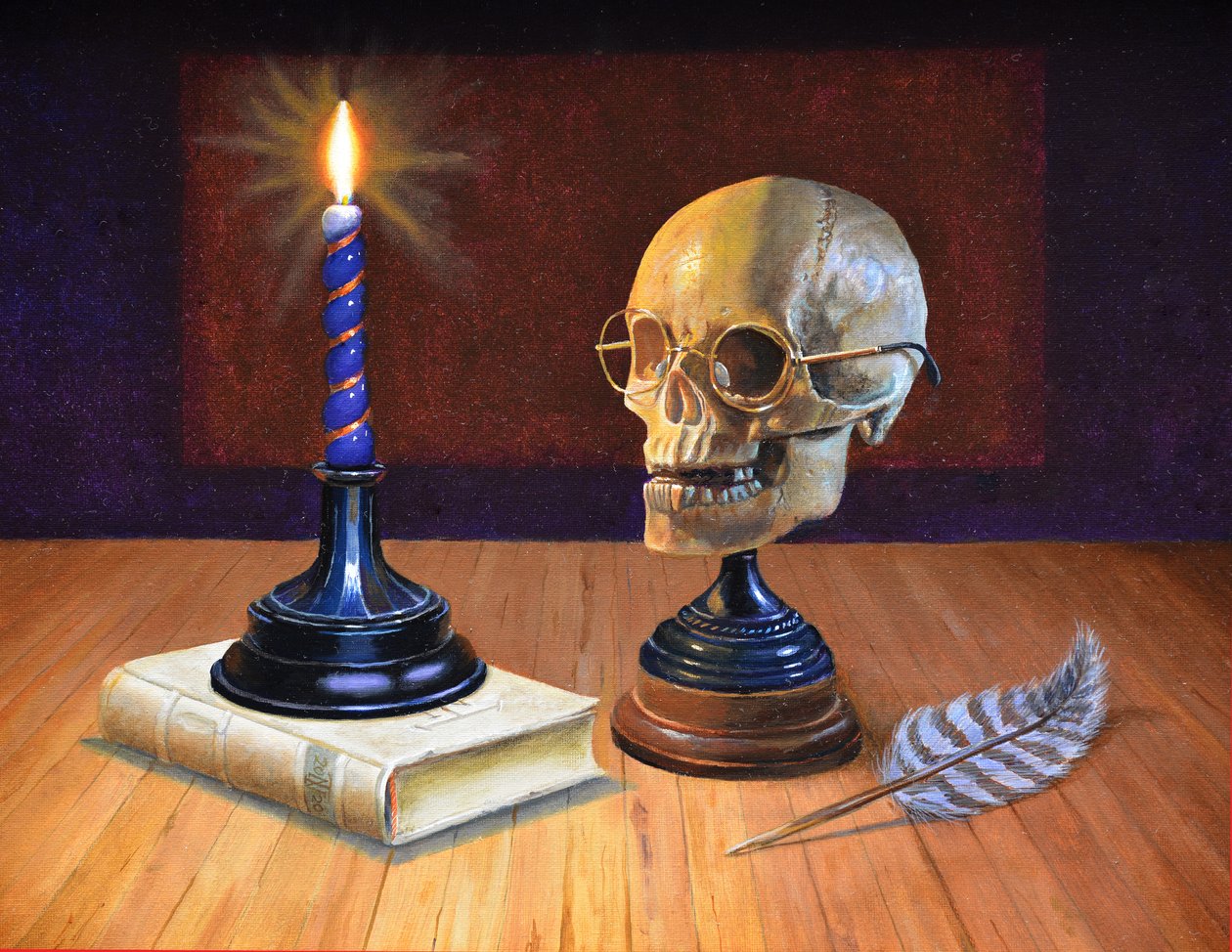 Candle and Skull, 2020 (olja på duk) av Trevor Neal