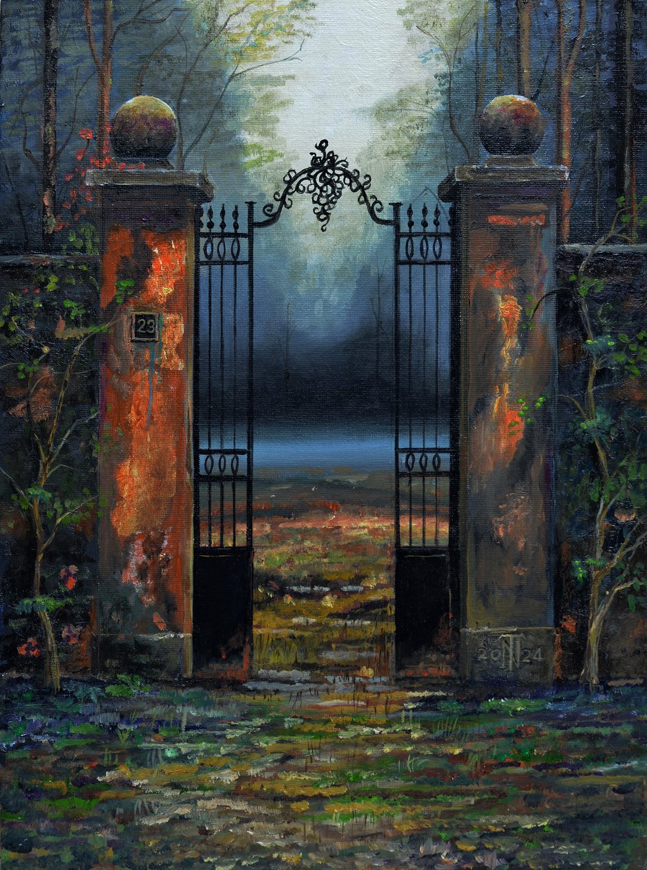 Gates to Chateau, Frankrike, 2024 (olja på pannå) av Trevor Neal