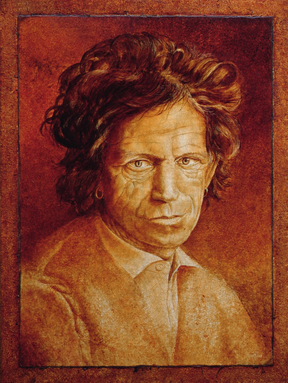 Keith Richards (f.1943) (oljeglasyr på sprucken gesso på duk som läggs ombord) av Trevor Neal