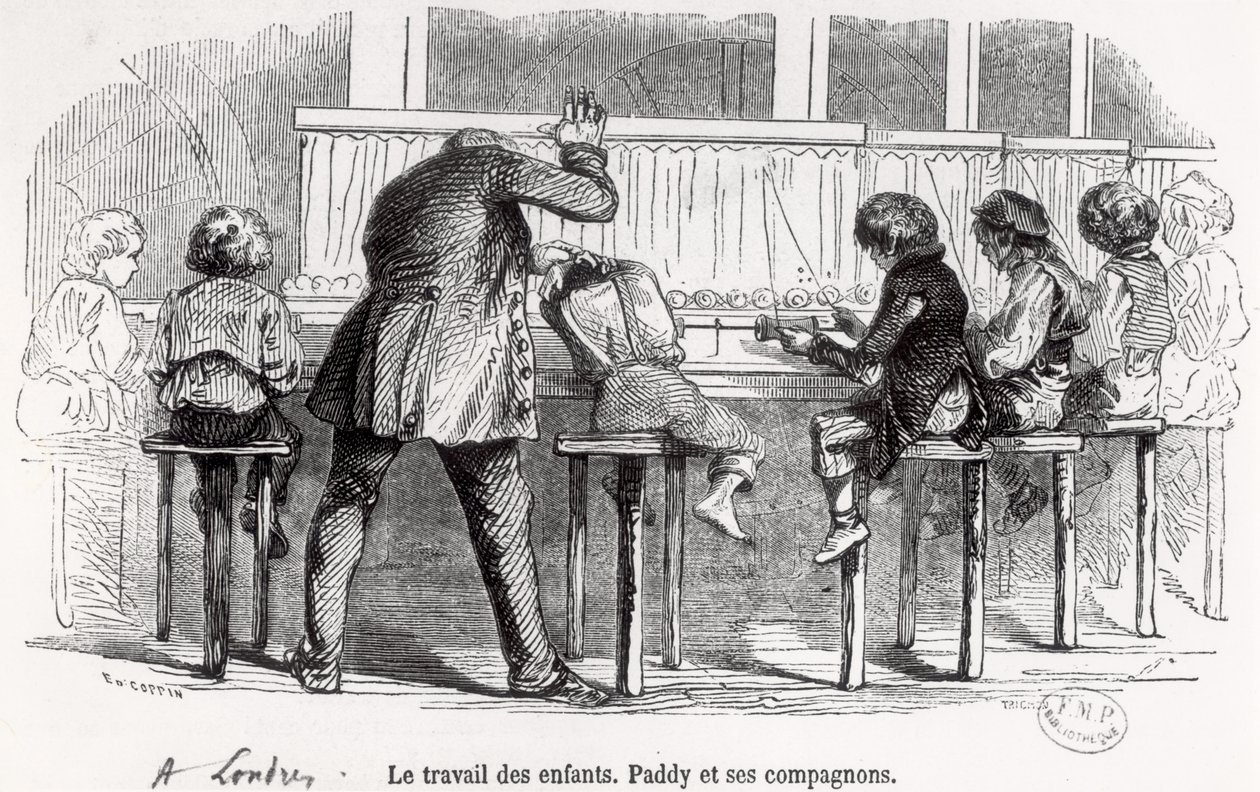 Barn som arbetar på spolar i London, Paddy och hans kamrater, från "Le Musée des Familles", 1848 av Trichon