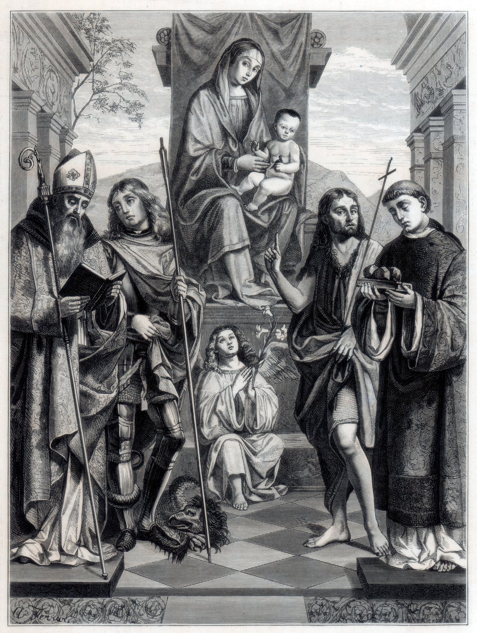 Madonna sittande på en tron omgiven av heliga, c1494-1517 1870 av Trichon