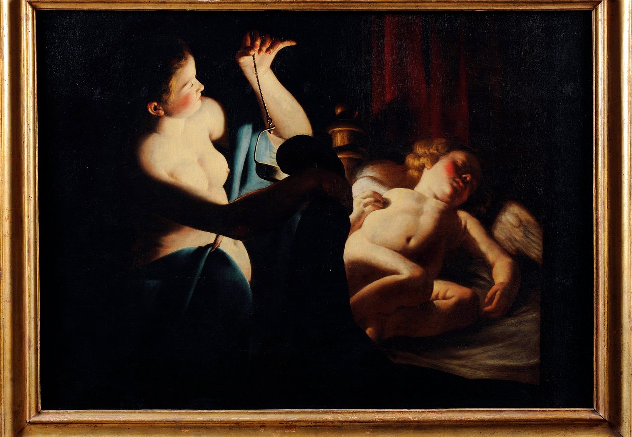 ""Psyche upptäcker Amor"" (Psyche upptäcker Amor) Målning av Trophime (Theophisme) Bigot, dit le maitre a la chandelle (1579-1650) Olja på duk - Pinacoteca Civica, Teramo av Trophime Bigot