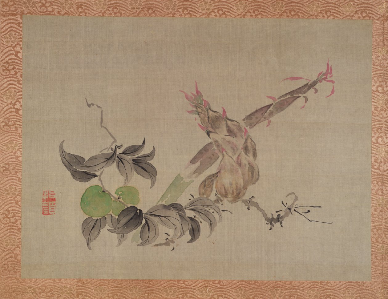 Äpple och blommande växt, 1851 (akvarell på silke) av Tsubaki Chinzan