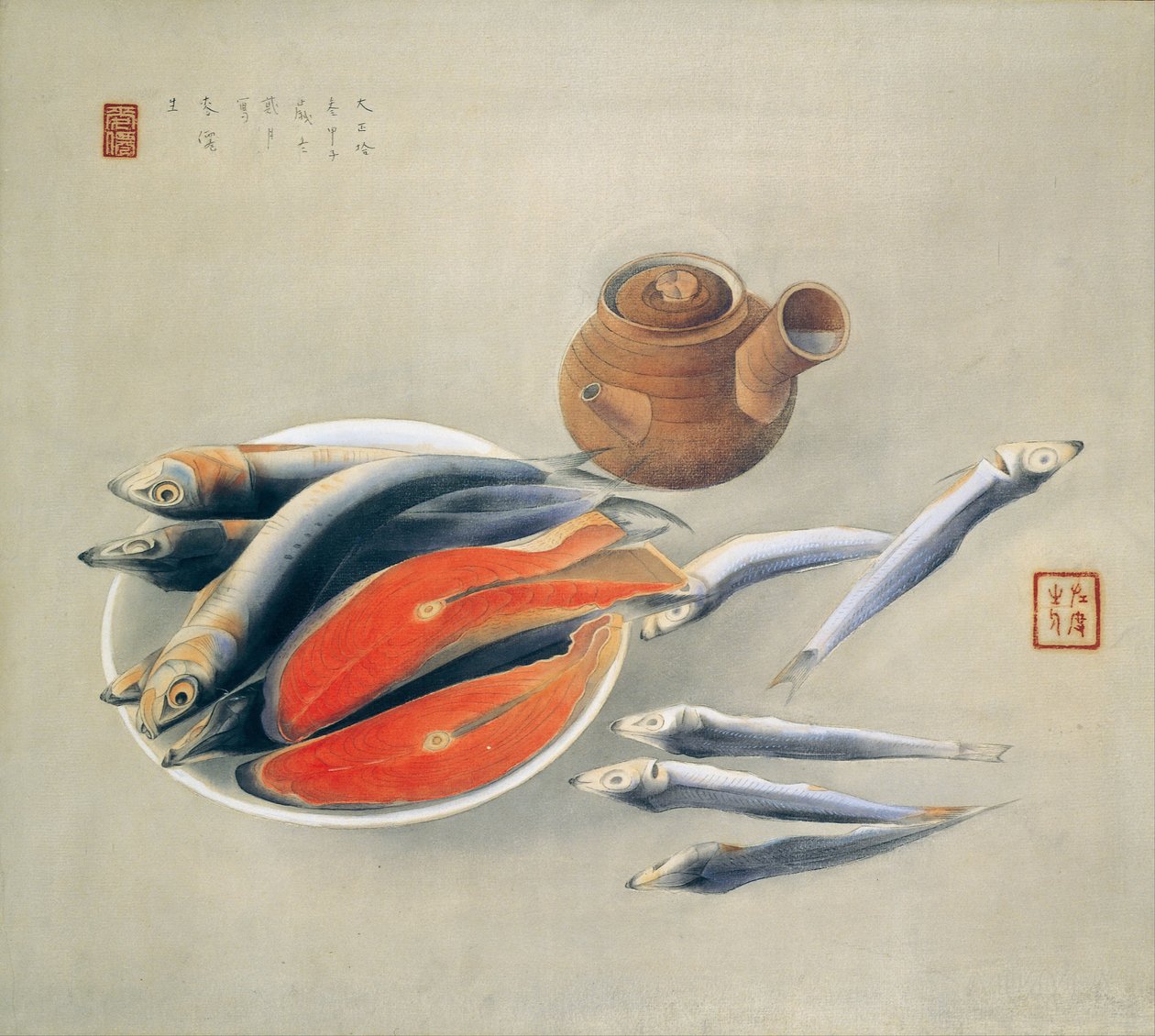 Fortfarande liv. Laxskivor och sardiner, 1924 av Tsuchida Bakusen