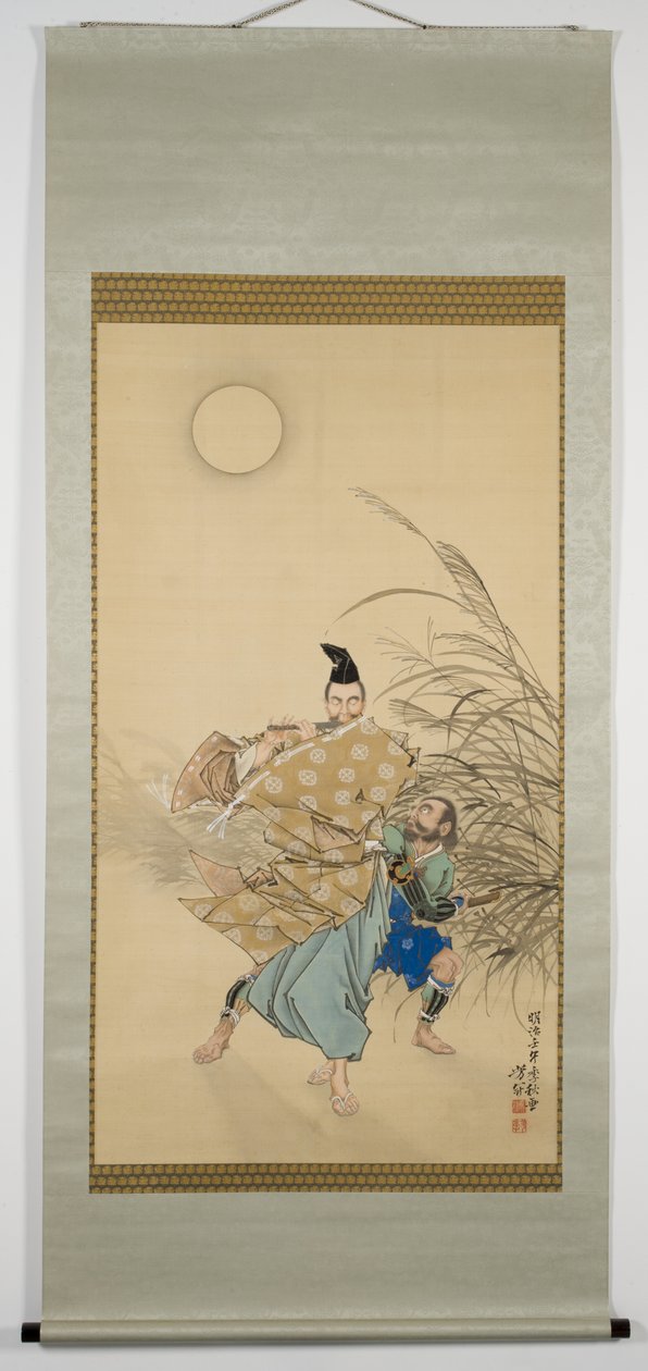Fujiwara no Yasumasa Playing the Flute by Moonlight, senhösten, 1882 (bläck, färg, lack, silver & guld på siden) av Tsukioka Yoshitoshi