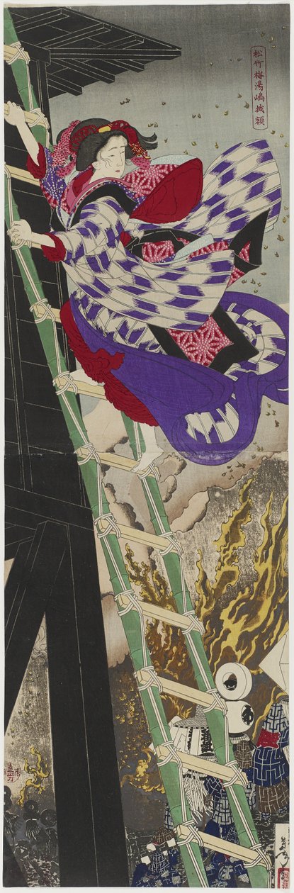 Tall, bambu och plommon: den inramade målningen i Yushima, 1885 (färgdiptyk i träsnitt) av Tsukioka Yoshitoshi