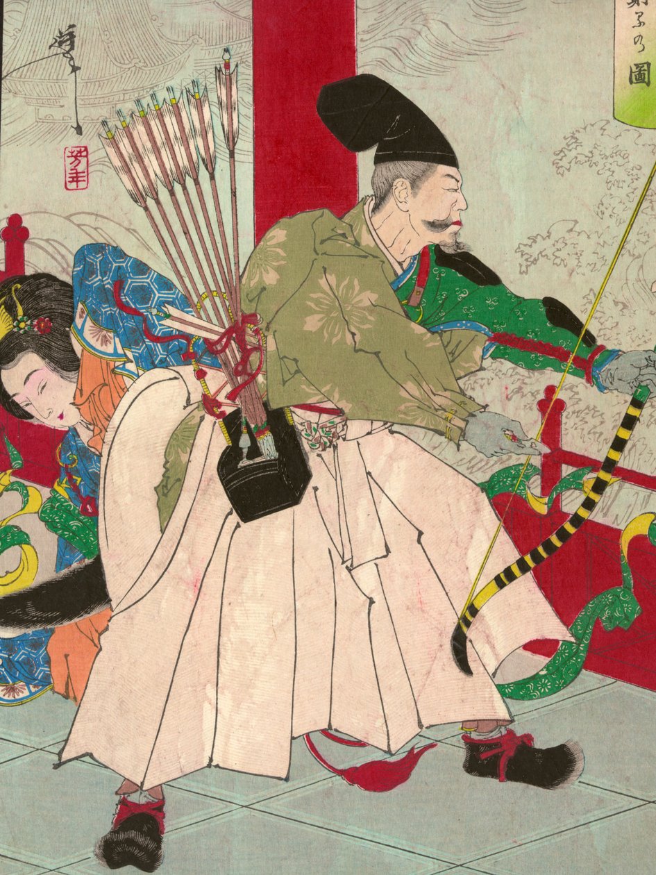 Watanabe no Tsuna, med pilbåge och pilbåge, vid demonens palats i Ibaraki, publicerad omkring 1880 (handkolorerat träsnitt) av Tsukioka Yoshitoshi