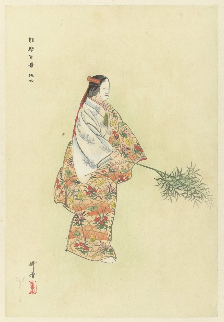 Skådespelare i No Play Hanjo Noh-skådespelare från Noh-pjäsen Hanjo Hanjo (titel på objekt) Play a Hundred Noh (serietitel) Nogaku hyakuban (serietitel på objekt) av Tsukioka Kogyo