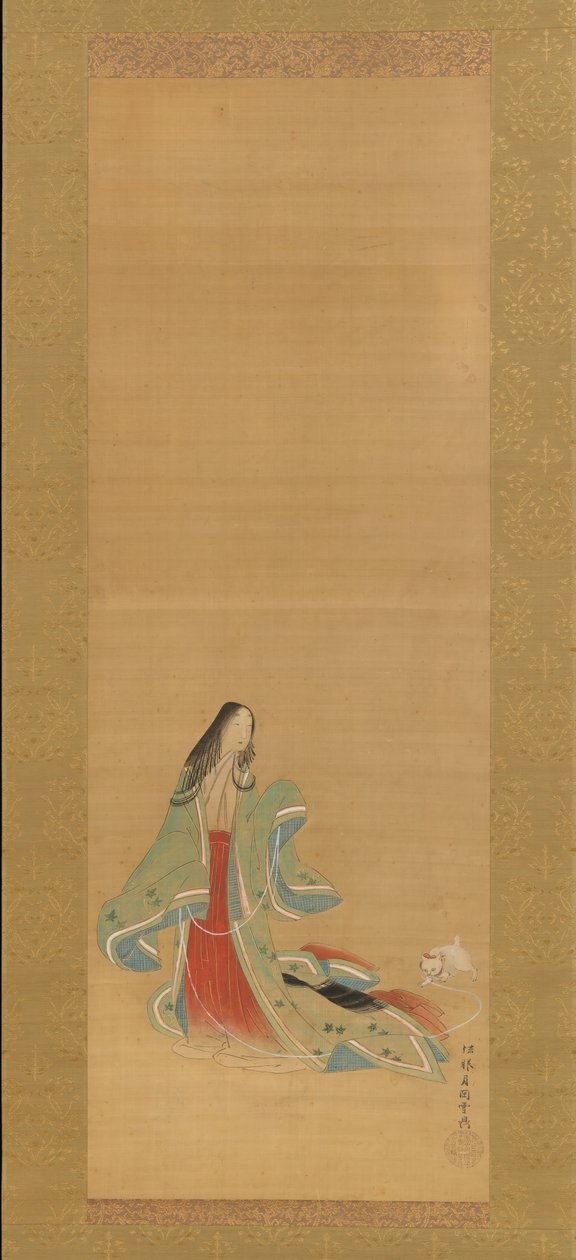 Den tredje prinsessan med sin katt, från New Herbs I Wakana I..., 1700-talet. av Tsukioka Masanobu